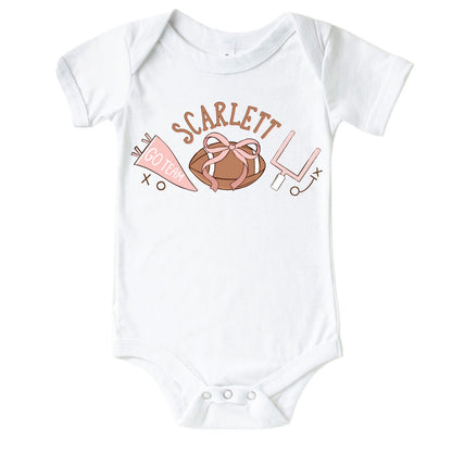 Personalized Tiny Touchdowns Pink Graphic Bodysuit & Kids Tee | White