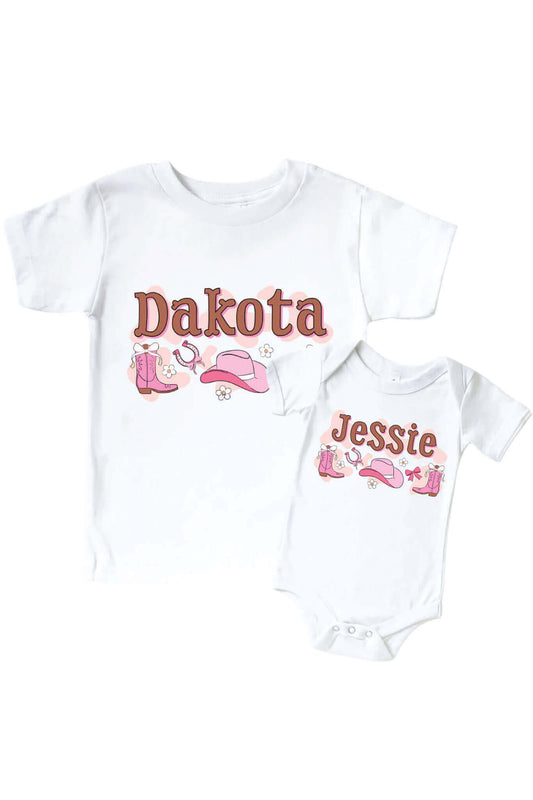 Personalized Rodeo Dreams Pink Graphic Bodysuit & Kids Tee | White