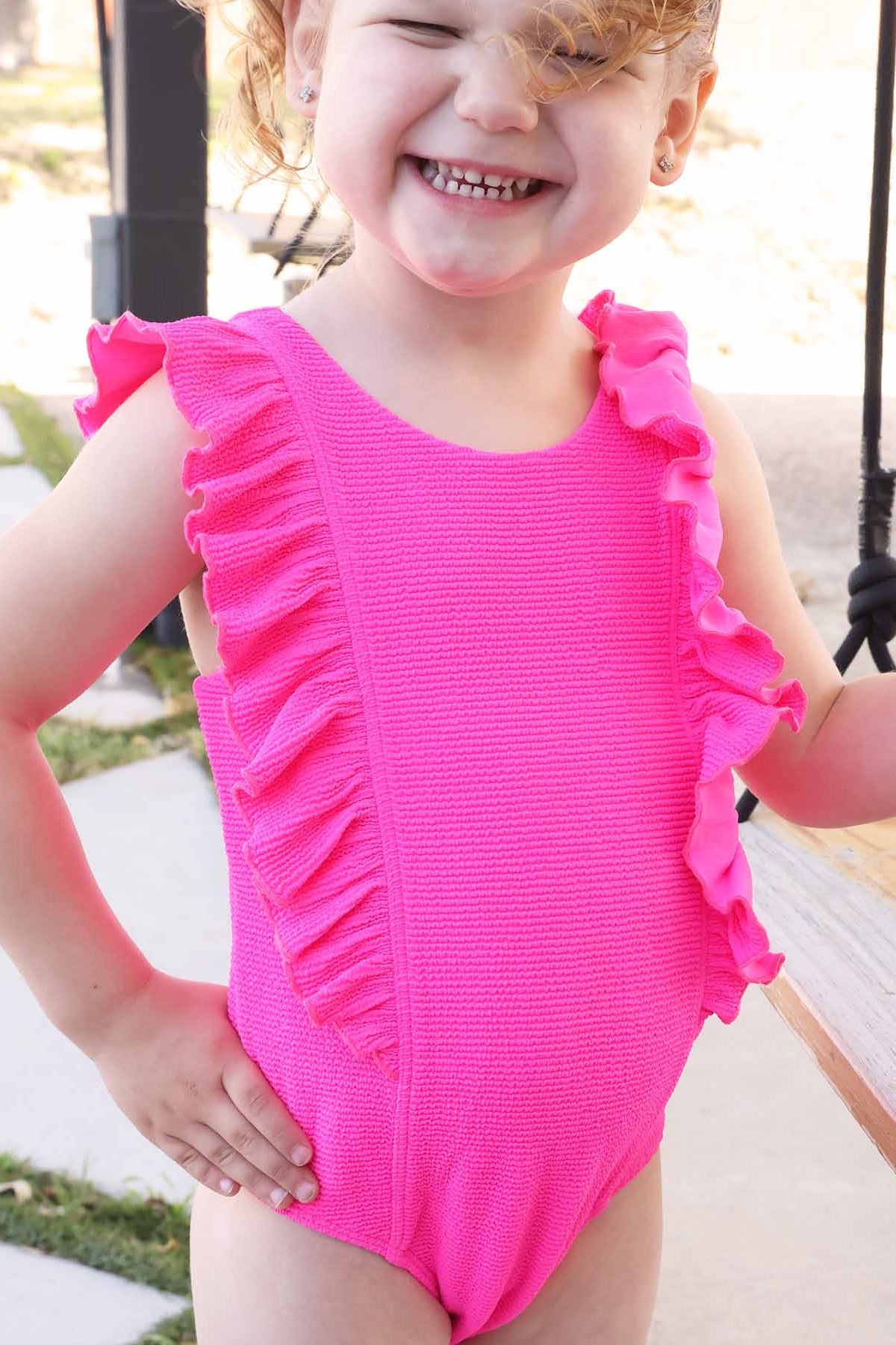 Double Ruffle Crinkle One-Piece | Neon Pink