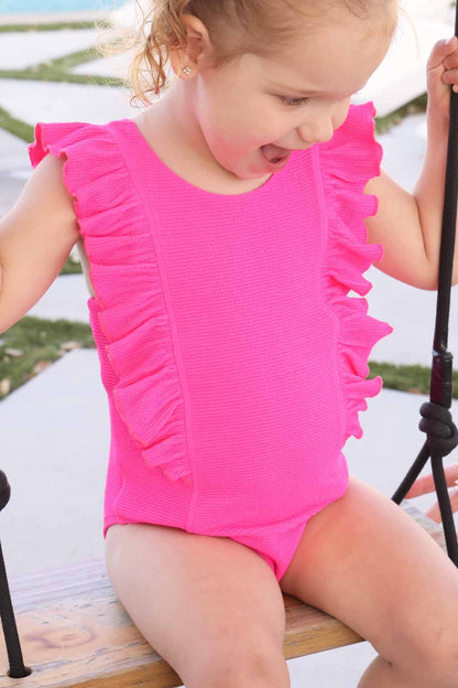 Double Ruffle Crinkle One-Piece | Neon Pink