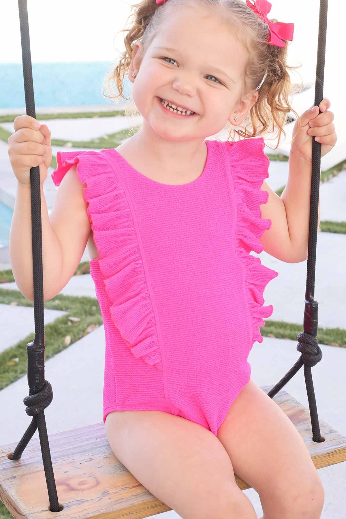 Double Ruffle Crinkle One-Piece | Neon Pink