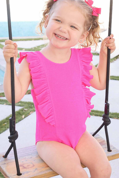 Double Ruffle Crinkle One-Piece | Neon Pink