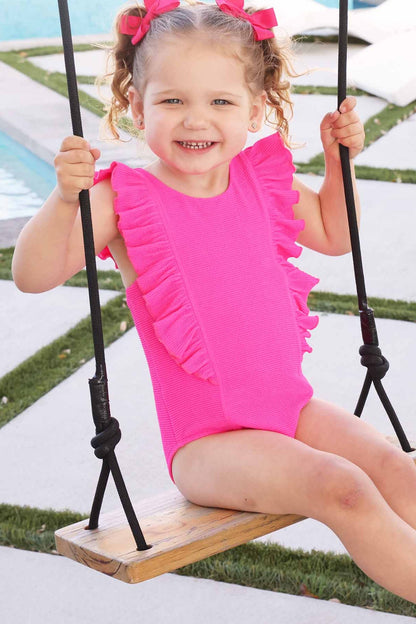 Double Ruffle Crinkle One-Piece | Neon Pink