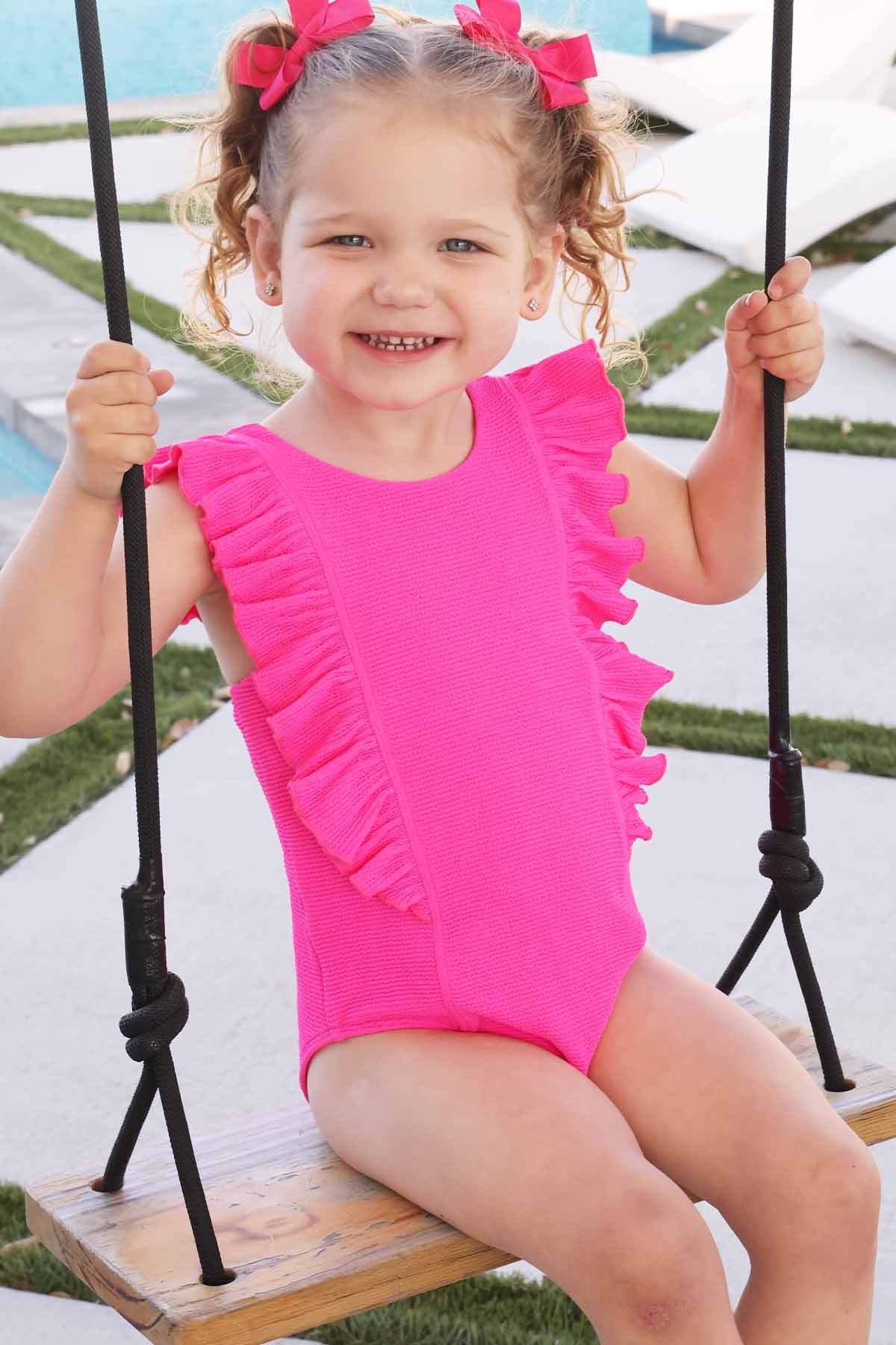 Double Ruffle Crinkle One-Piece | Neon Pink