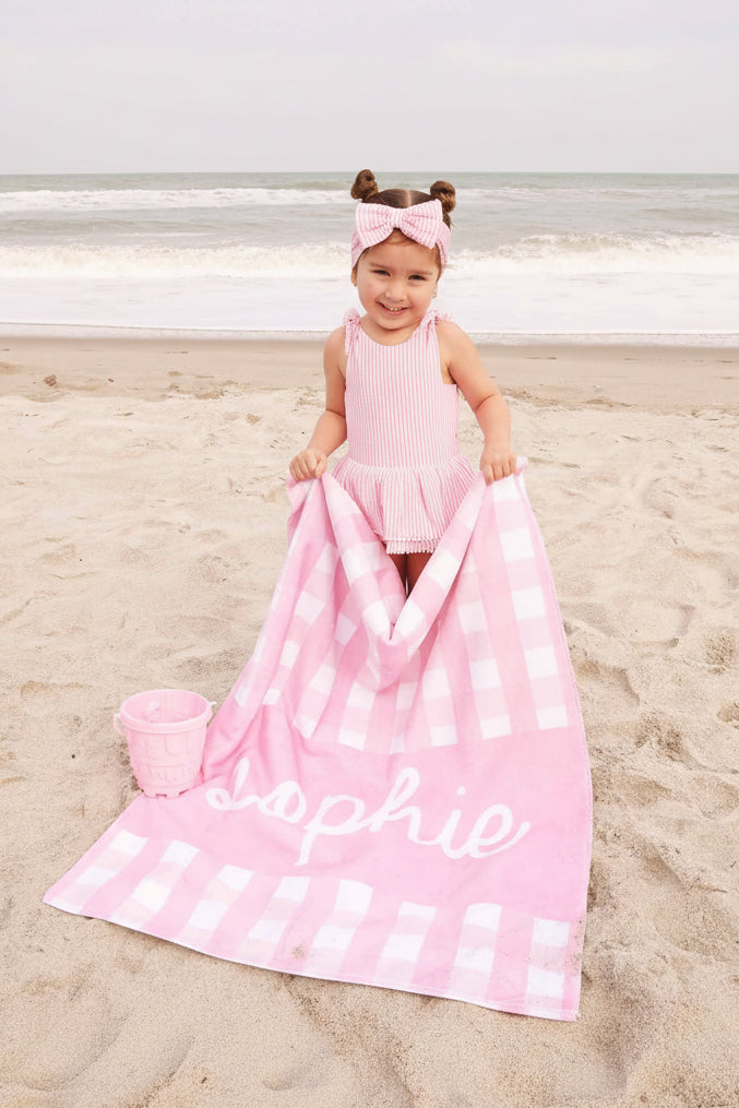 Personalized Kids Beach Towel | Seersucker Dusty Pink