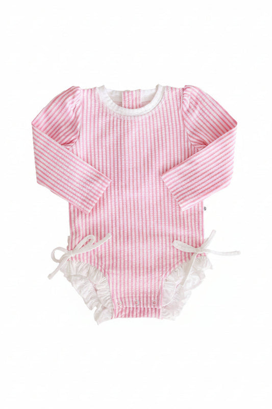 Long Sleeve Rash Guard with Ruffle Bottom | Seersucker Dusty Pink