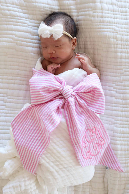 Personalized Newborn Bow Sash | Seersucker