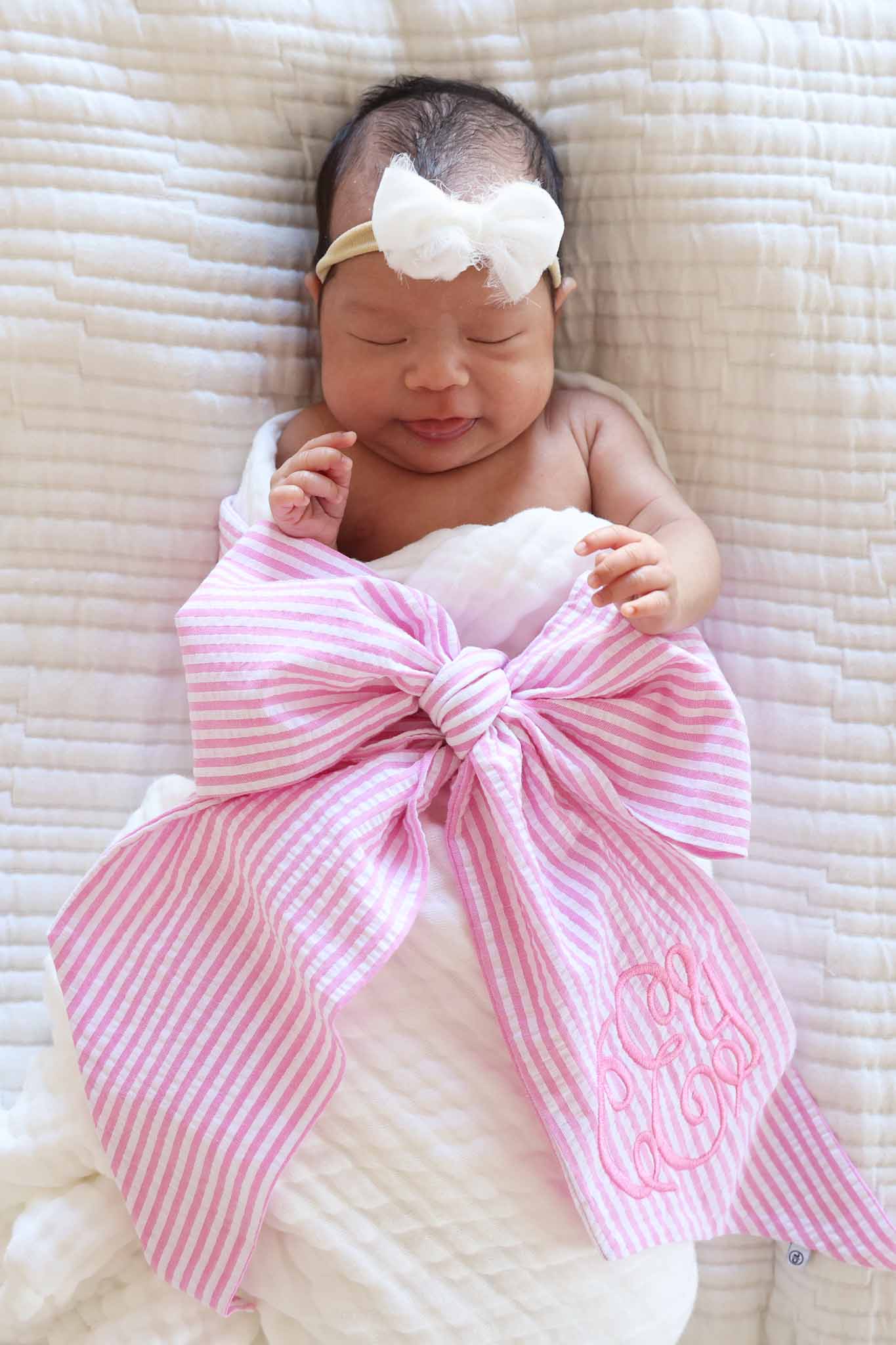 Personalized Newborn Bow Sash | Seersucker