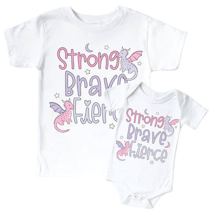 Strong, Brave, Fierce Pink Graphic Bodysuit & Kids Tee | White