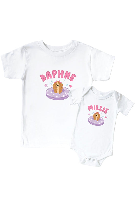 Personalized Poolside Pups Pink Graphic Bodysuit & Kids Tee | White