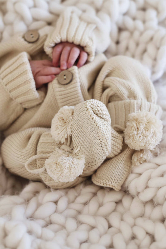 Knit Pom Pom Baby Booties | Sand