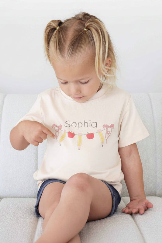 Personalized Pencil Garland Kids Graphic Tee | Natural