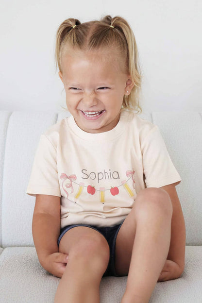 Personalized Pencil Garland Kids Graphic Tee | Natural