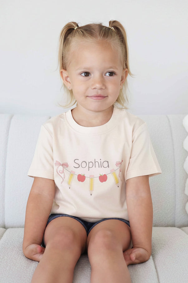 Personalized Pencil Garland Kids Graphic Tee | Natural
