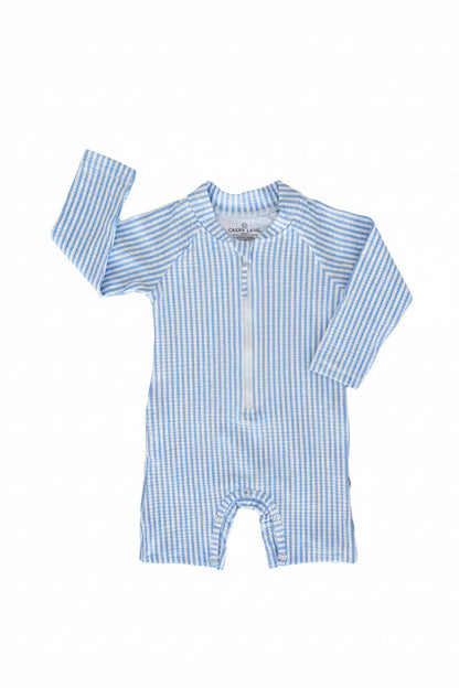 Long Sleeve Rash Guard Swim Romper Shortie | Seersucker Blue