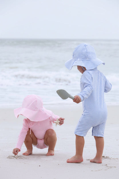 Long Sleeve Rash Guard Swim Romper Shortie | Seersucker Blue