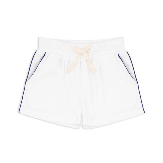 boys white french terry short with navy side piping