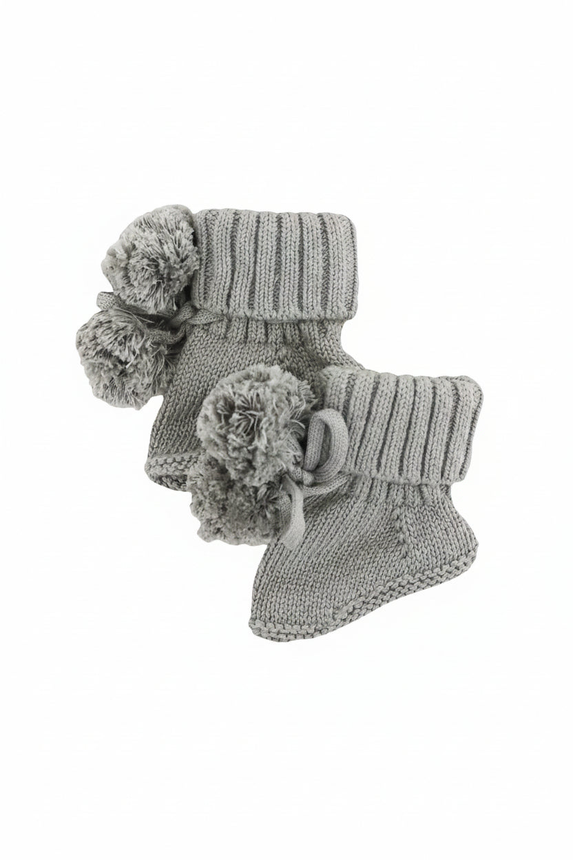 Knit Pom Pom Baby Booties | Smoke