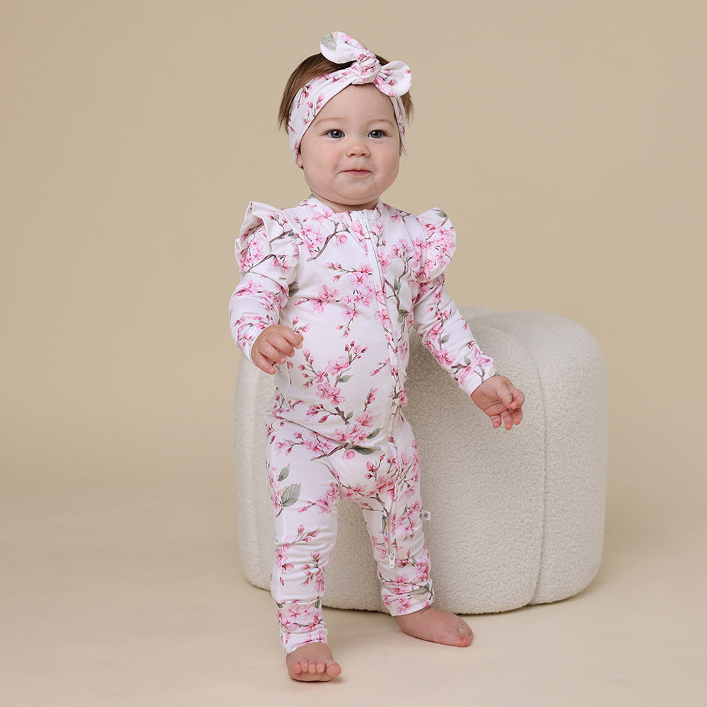 Cherry Blossom Organic Snugglesuit Convertible Romper with Frill