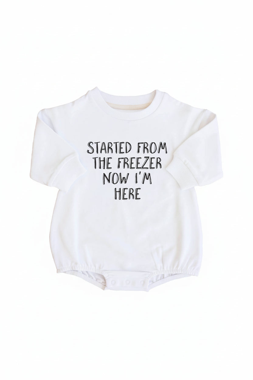 Started From The Freezer Graphic Sweatshirt Bubble Romper | White
