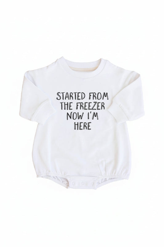 Started From The Freezer Graphic Sweatshirt Bubble Romper | White