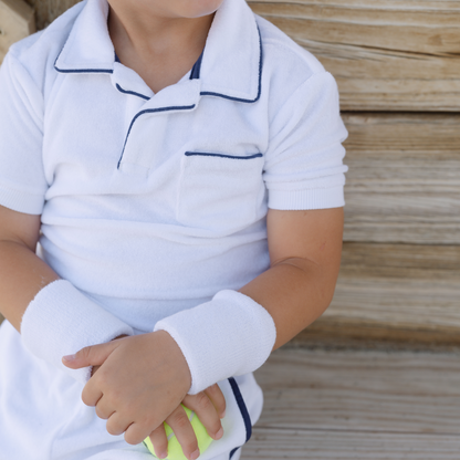 boys white french terry short with navy trim