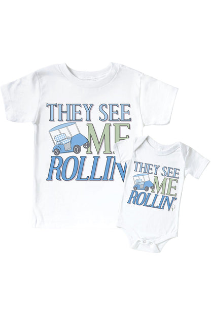 They See Me Rollin' Blue Graphic Bodysuit & Kids Tee | White