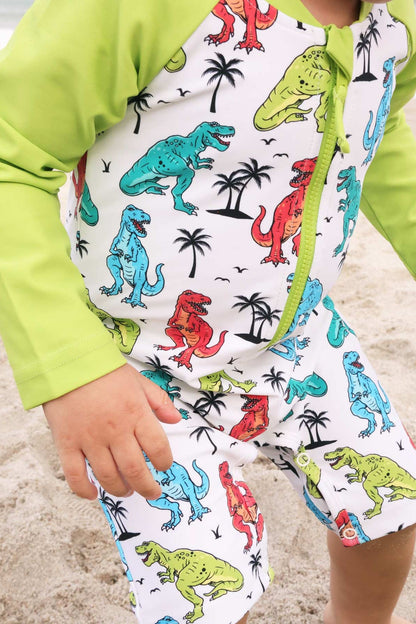 Long Sleeve Rash Guard Swim Romper Shortie | Tropical T-Rex