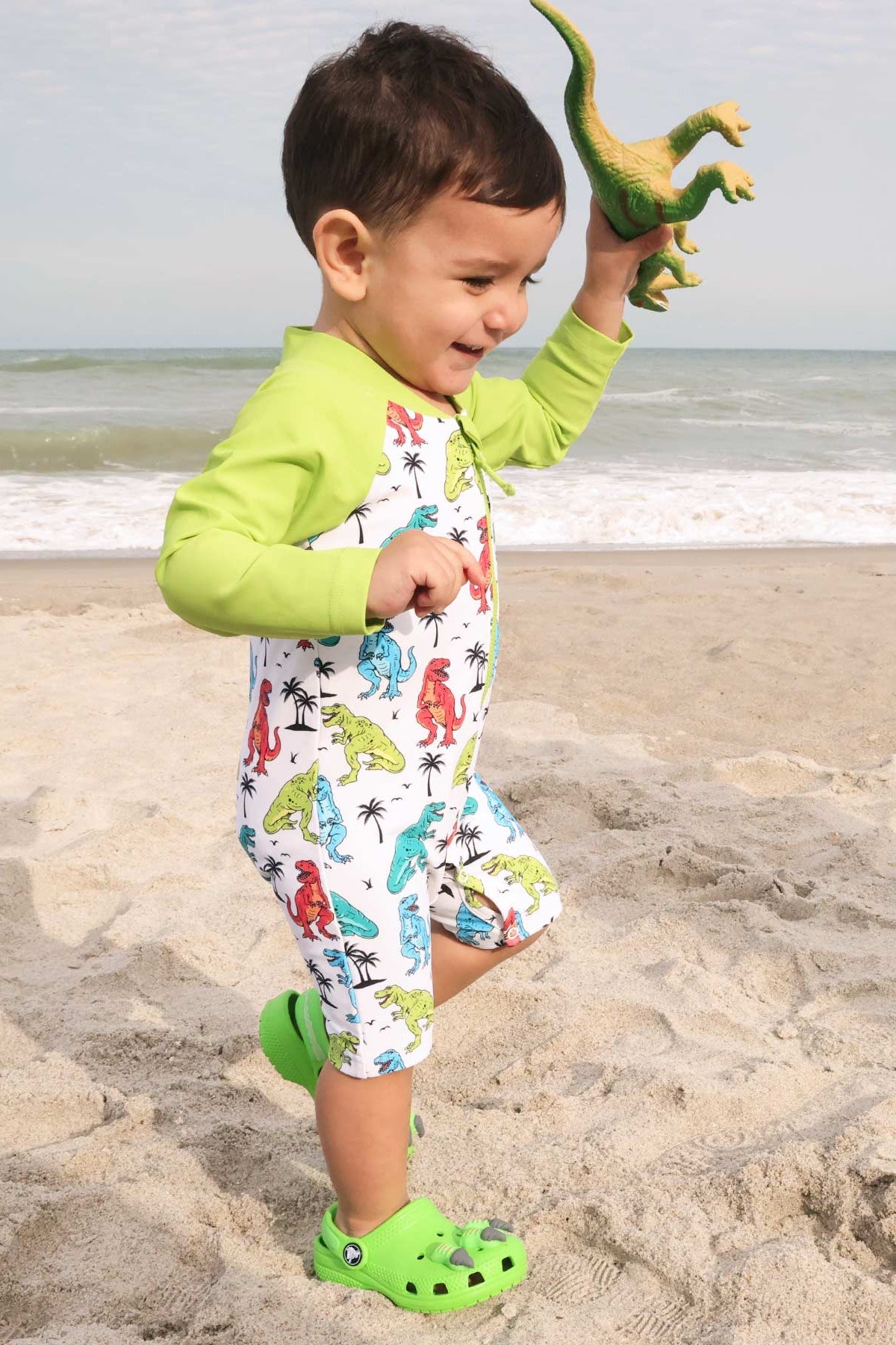 Long Sleeve Rash Guard Swim Romper Shortie | Tropical T-Rex
