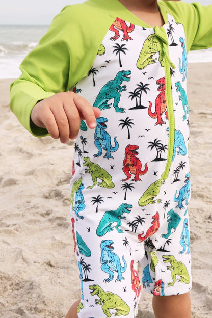 Long Sleeve Rash Guard Swim Romper Shortie | Tropical T-Rex