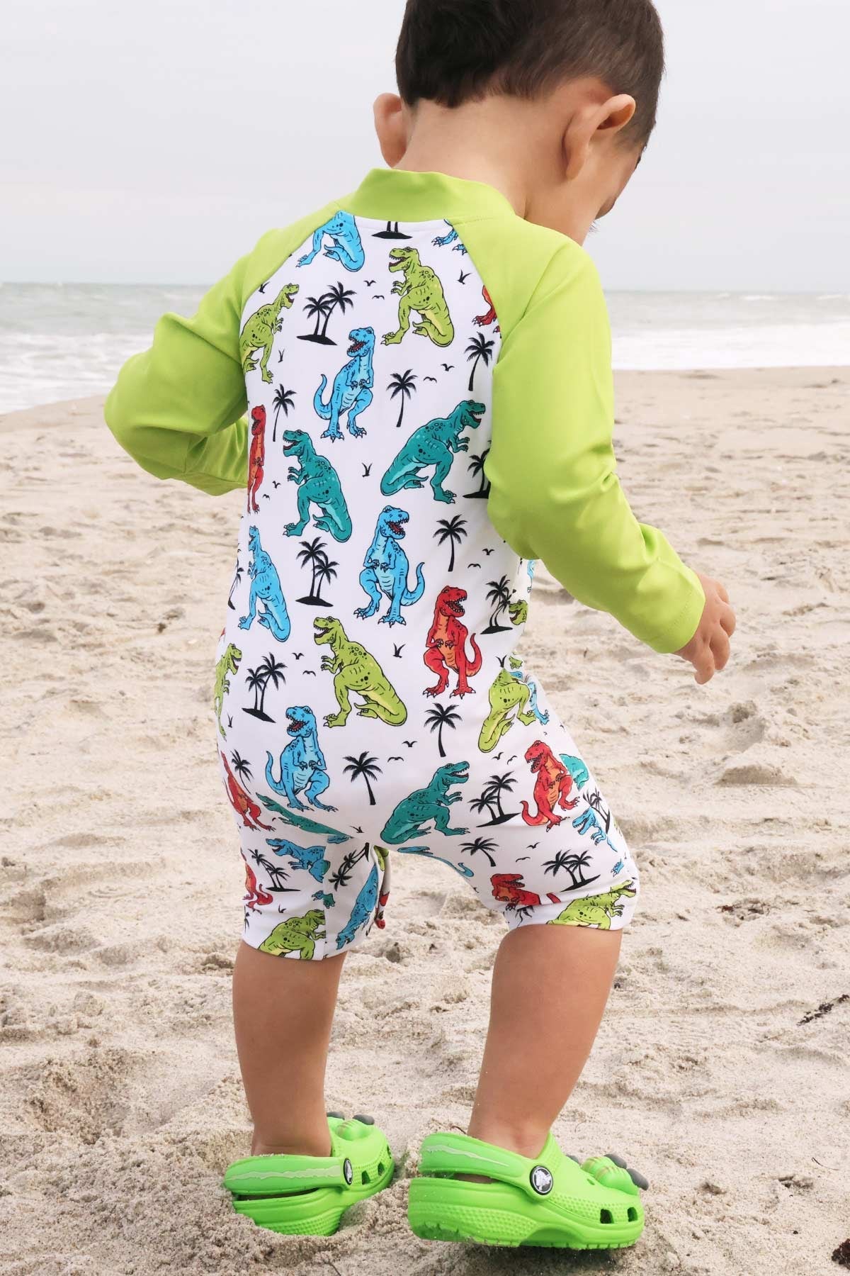 Long Sleeve Rash Guard Swim Romper Shortie | Tropical T-Rex