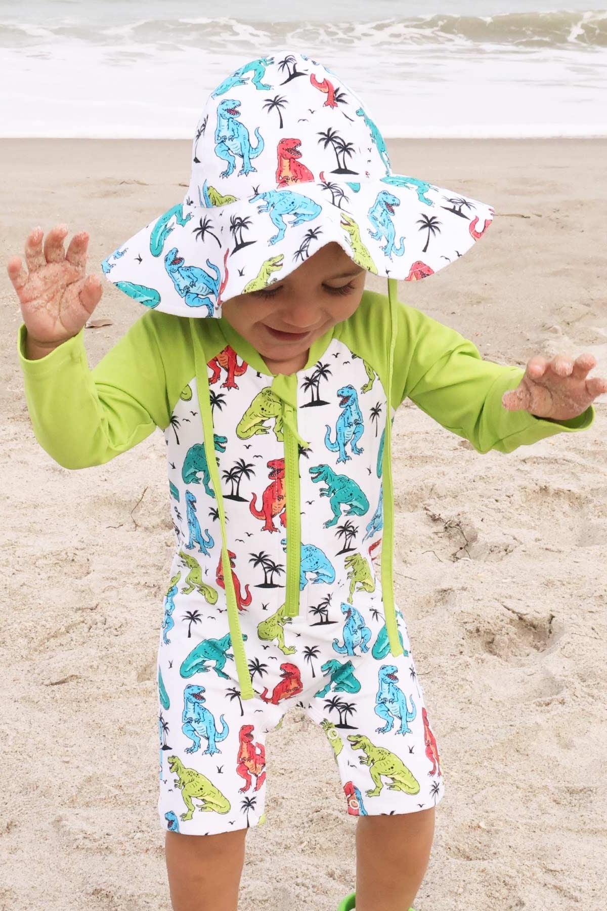 Long Sleeve Rash Guard Swim Romper Shortie | Tropical T-Rex