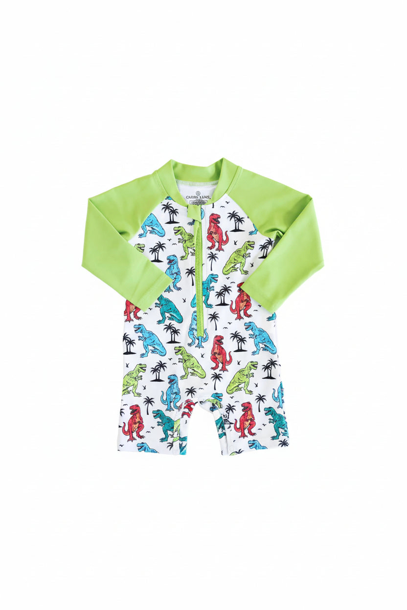 Long Sleeve Rash Guard Swim Romper Shortie | Tropical T-Rex
