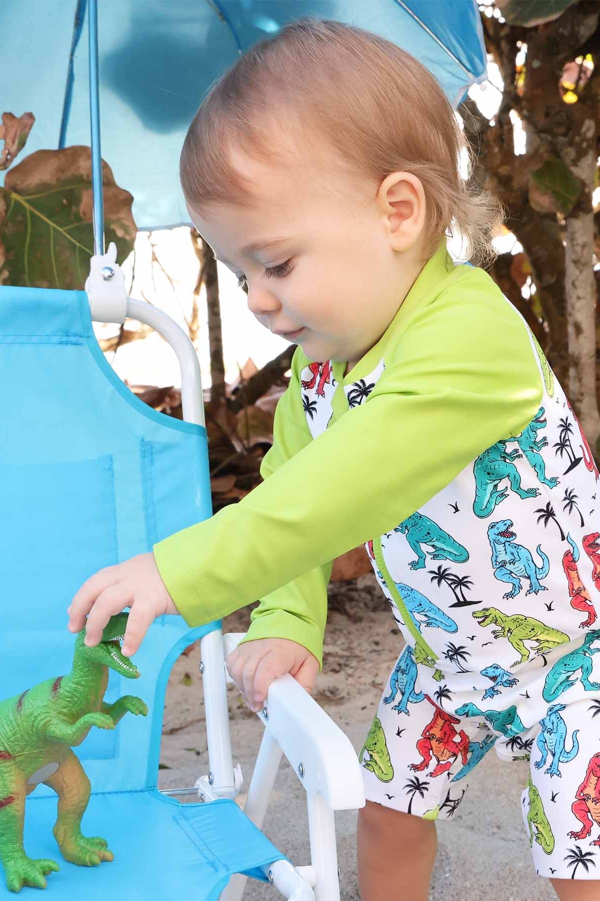 Long Sleeve Rash Guard Swim Romper Shortie | Tropical T-Rex