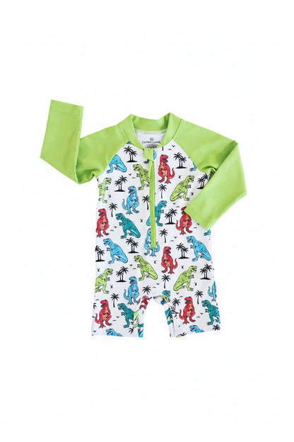 Long Sleeve Rash Guard Swim Romper Shortie | Tropical T-Rex