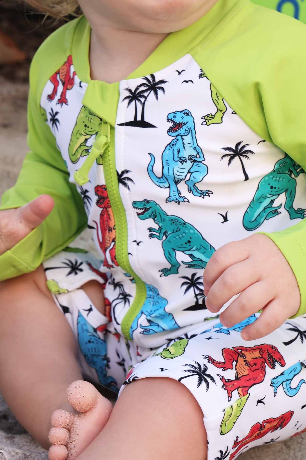Long Sleeve Rash Guard Swim Romper Shortie | Tropical T-Rex