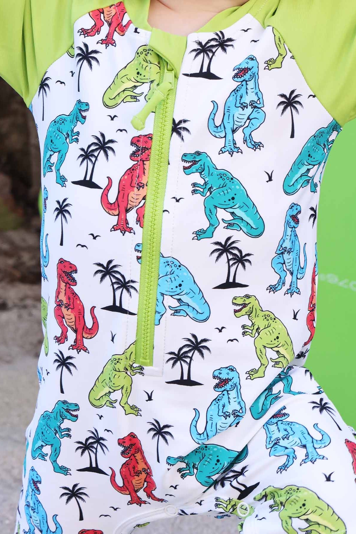 Long Sleeve Rash Guard Swim Romper Shortie | Tropical T-Rex
