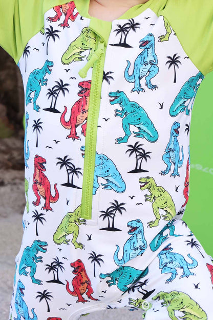 Long Sleeve Rash Guard Swim Romper Shortie | Tropical T-Rex