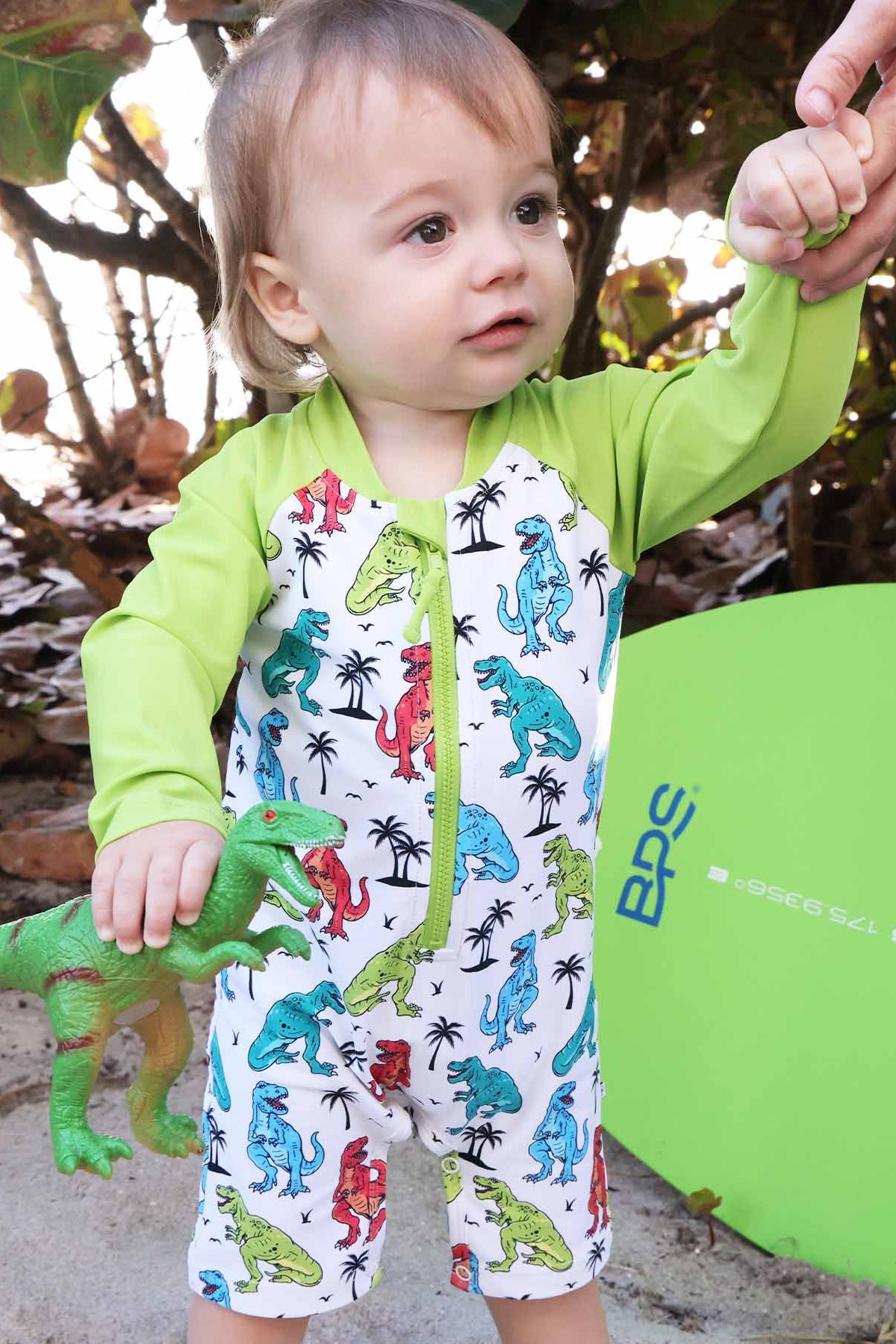 Long Sleeve Rash Guard Swim Romper Shortie | Tropical T-Rex