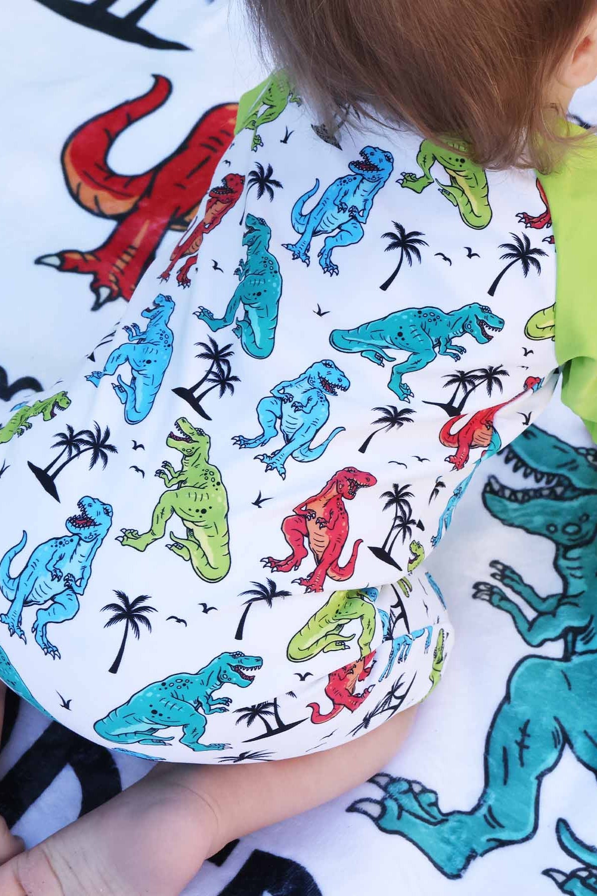 Long Sleeve Rash Guard Swim Romper Shortie | Tropical T-Rex