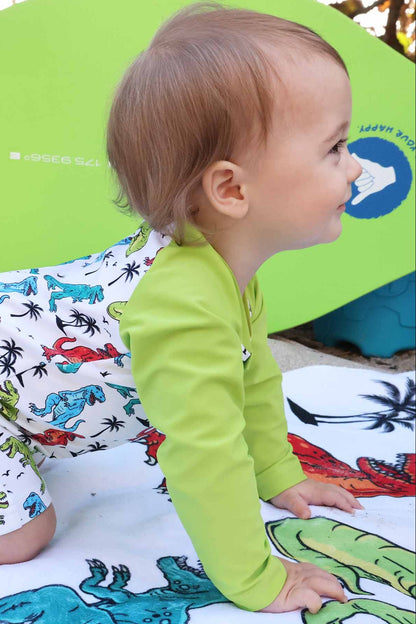 Long Sleeve Rash Guard Swim Romper Shortie | Tropical T-Rex