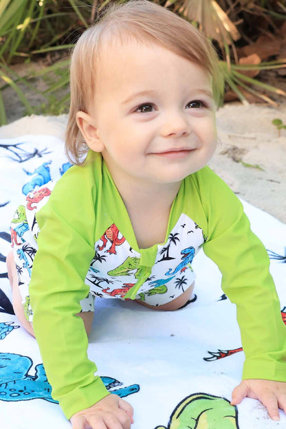 Long Sleeve Rash Guard Swim Romper Shortie | Tropical T-Rex