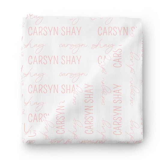 Personalized Peony Pink on Pure White Baby Name Swaddle Blanket - Block & Script
