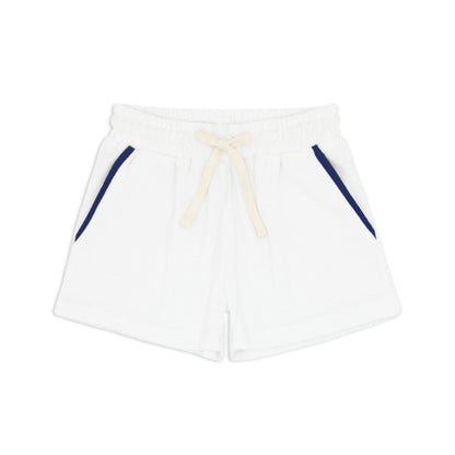 boys white french terry short with navy trim
