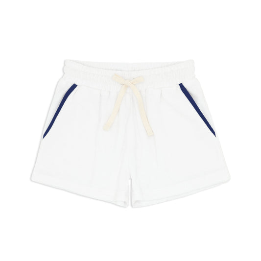 boys white french terry short with navy trim