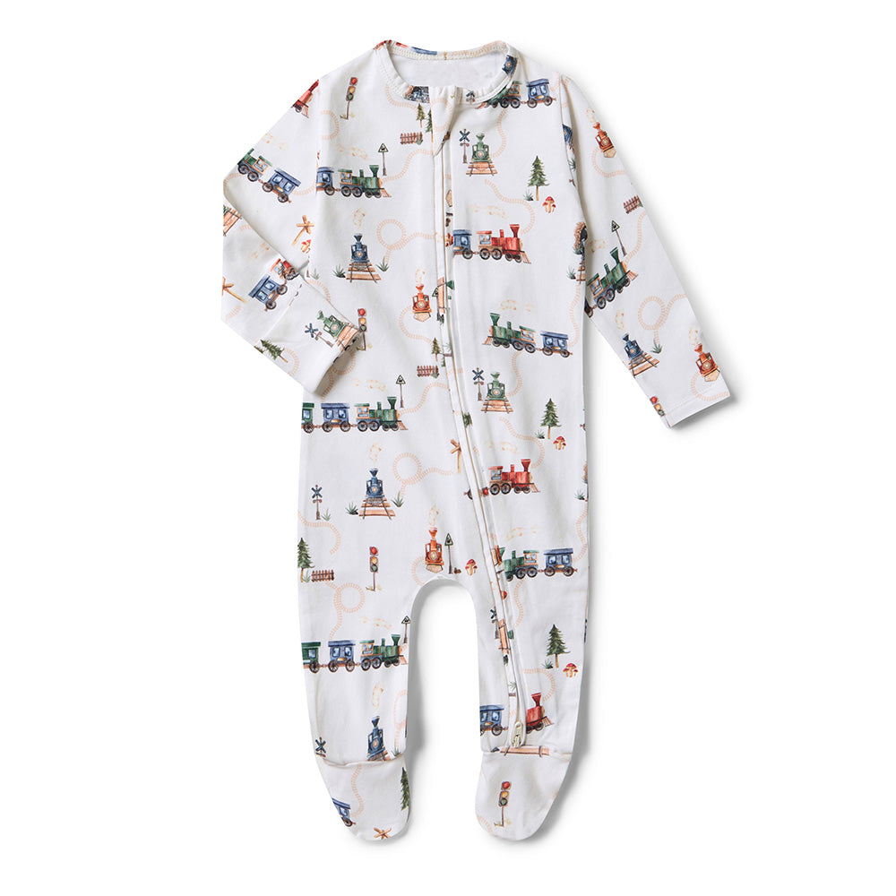 Trains Organic Snuggle Sleepsuit Zip Footie