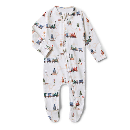 Trains Organic Snuggle Sleepsuit Zip Footie