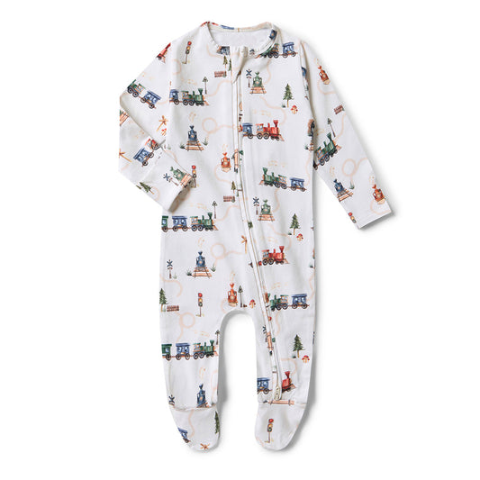 Trains Organic Snuggle Sleepsuit Zip Footie